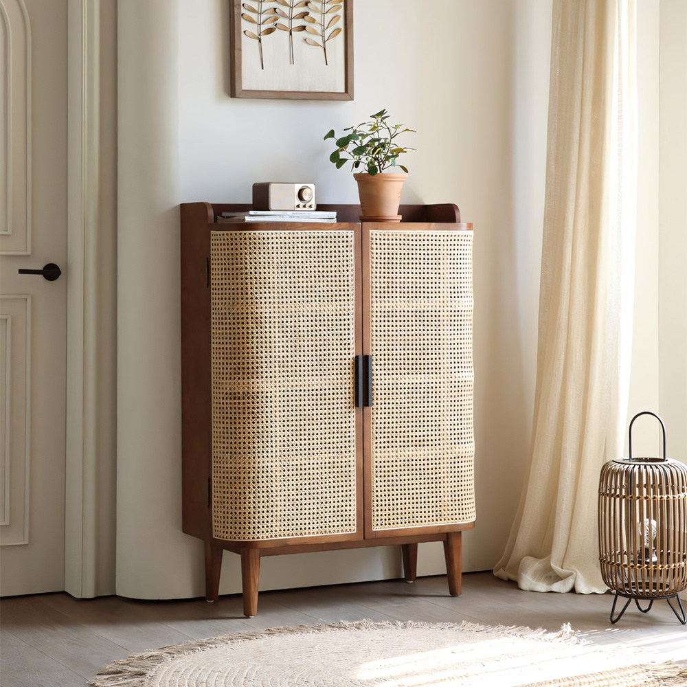 33.1" Wood Rattan Entryway Shoe Cabinet Organizer