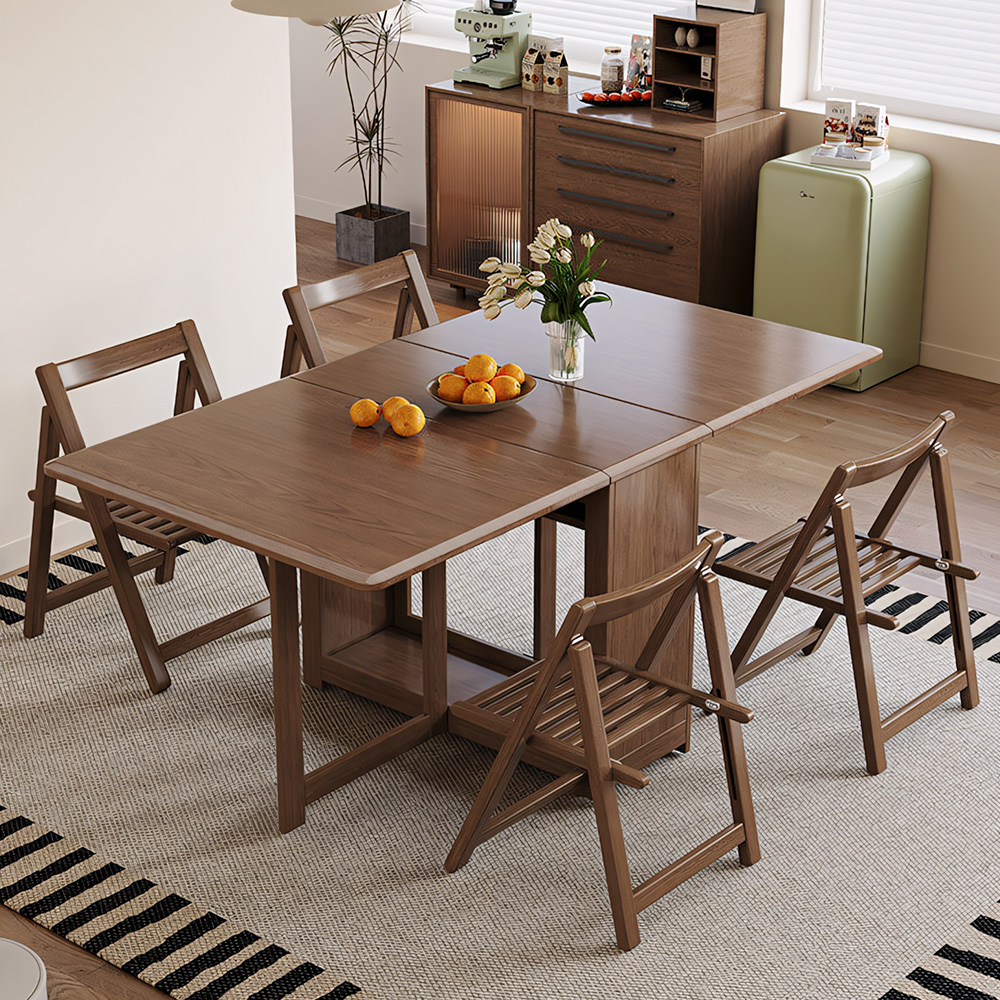 Space-Saving Folding Dining Table with Built-In Chair Storage and Wood Grain Finish