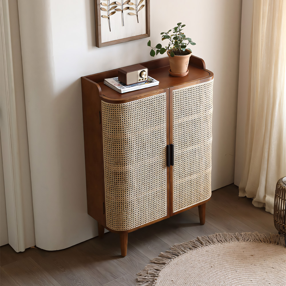 33.1" Wood Rattan Entryway Shoe Cabinet Organizer