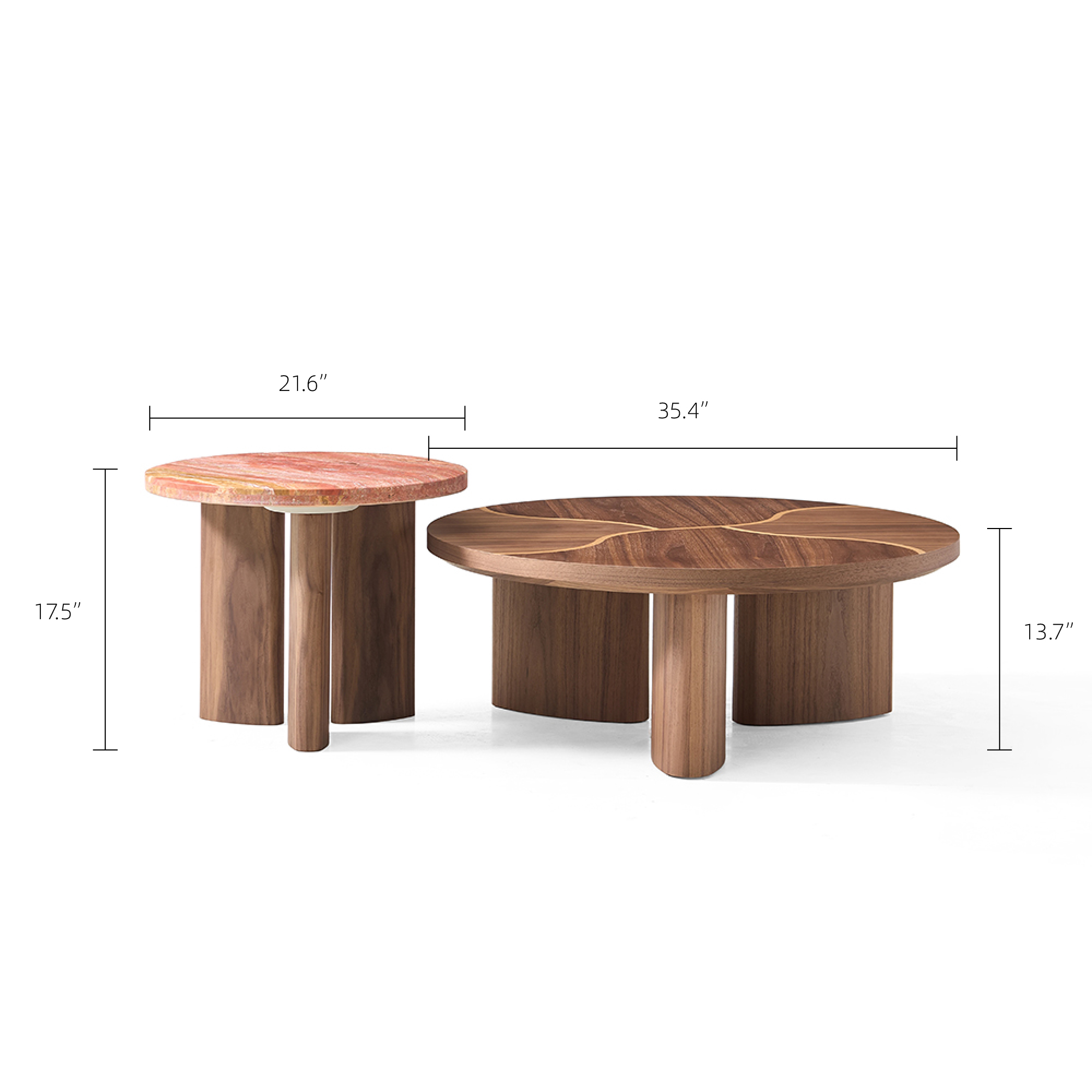 Nesting Round Coffee Table Set Walnut Veneer Red with Travertine Side Table