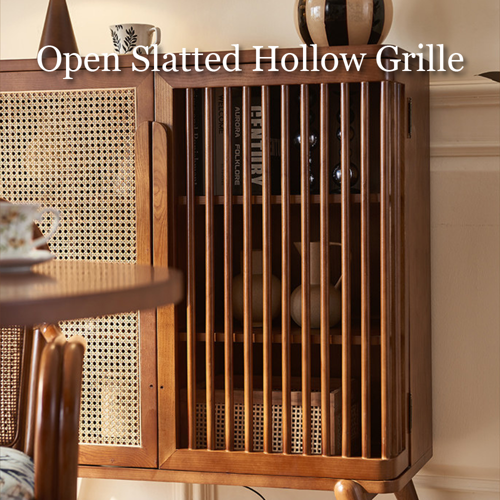 Wood Rattan Slatted Door Adjustable Storage Accent Cabinet