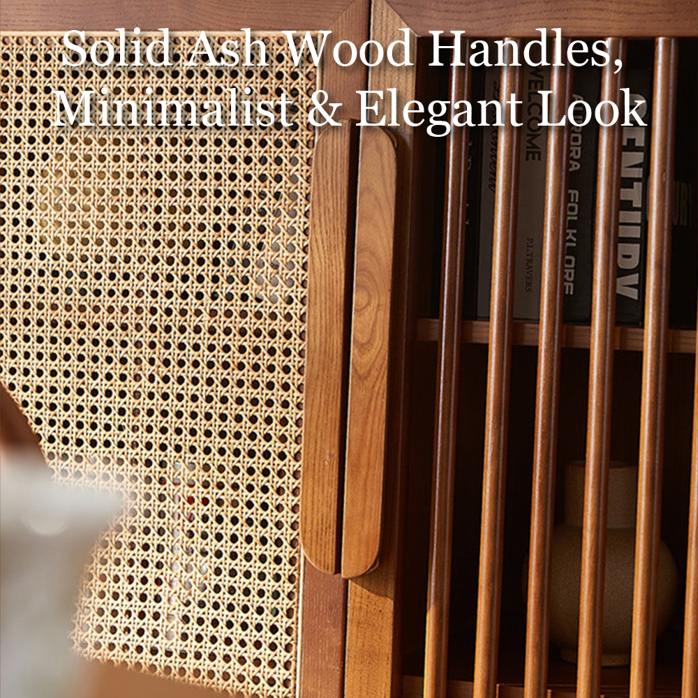 Wood Rattan Slatted Door Adjustable Storage Accent Cabinet