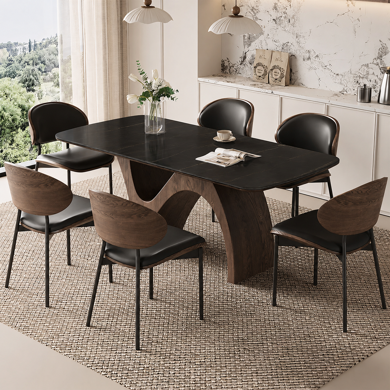 Modern Dining Table with Marble-Like Stone Top and Sculptural Wooden Base