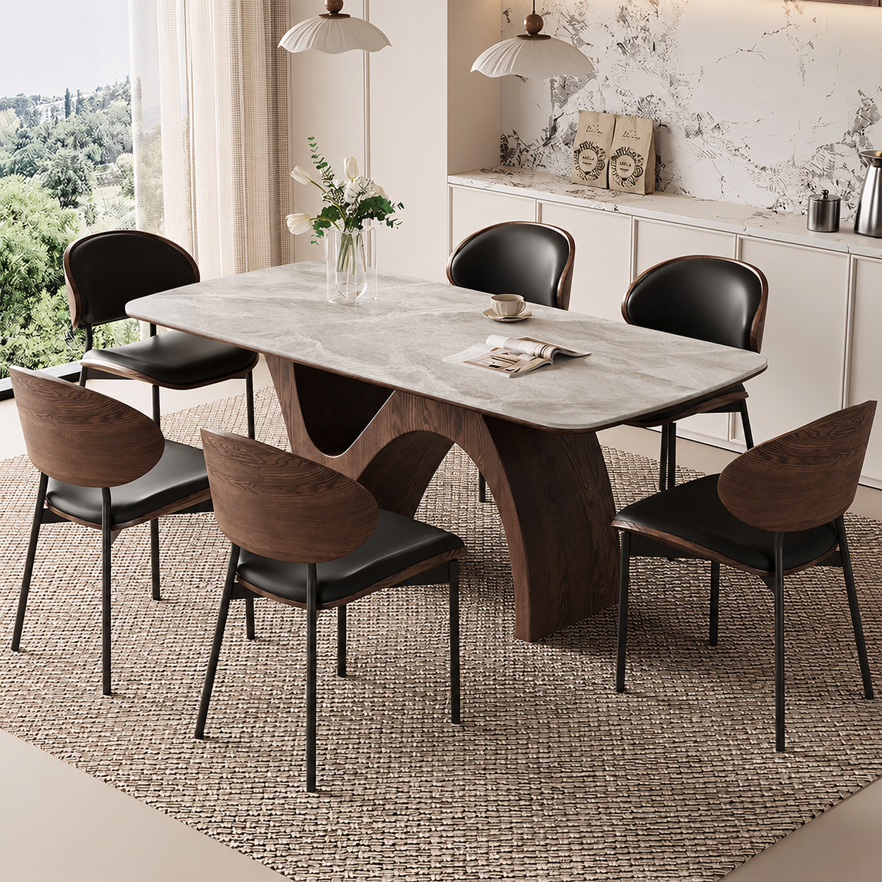 Modern Dining Table with Marble-Like Stone Top and Sculptural Wooden Base
