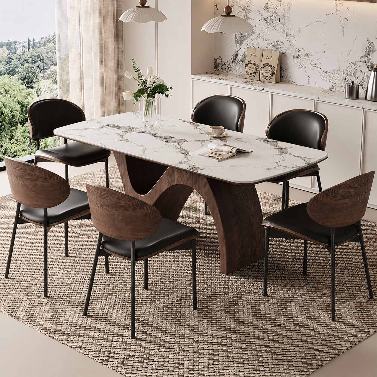 Modern Dining Table with Marble-Like Stone Top and Sculptural Wooden Base