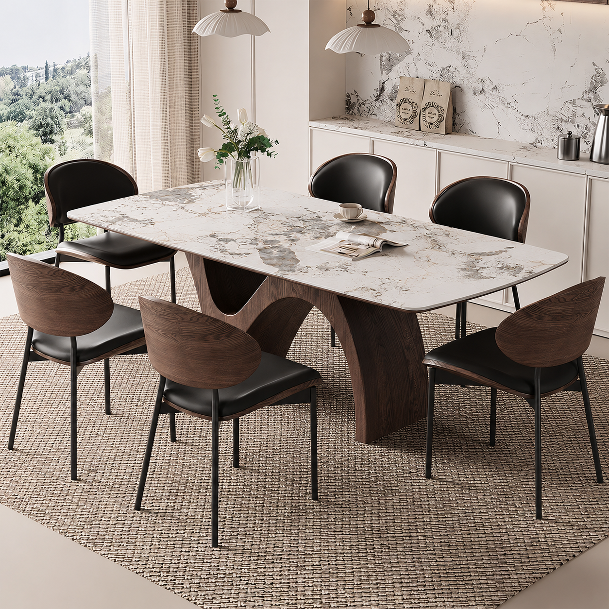 Modern Dining Table with Marble-Like Stone Top and Sculptural Wooden Base