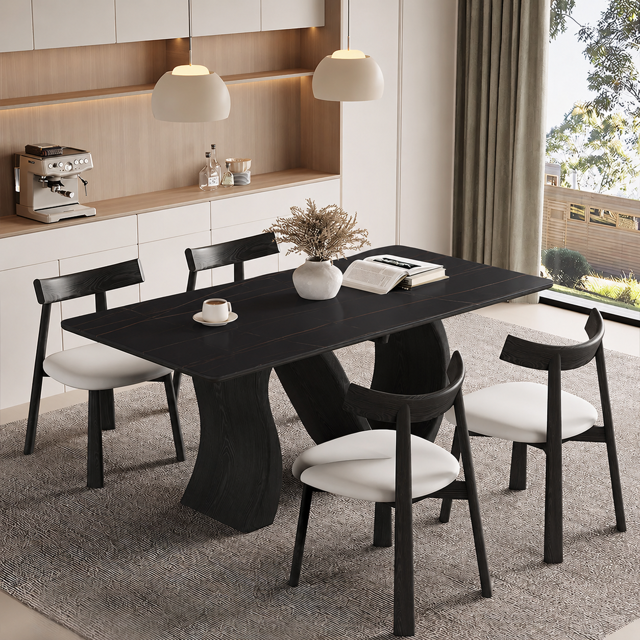 Creative S-shaped Walnut Base Round Dining Table with Marble Effect Surface