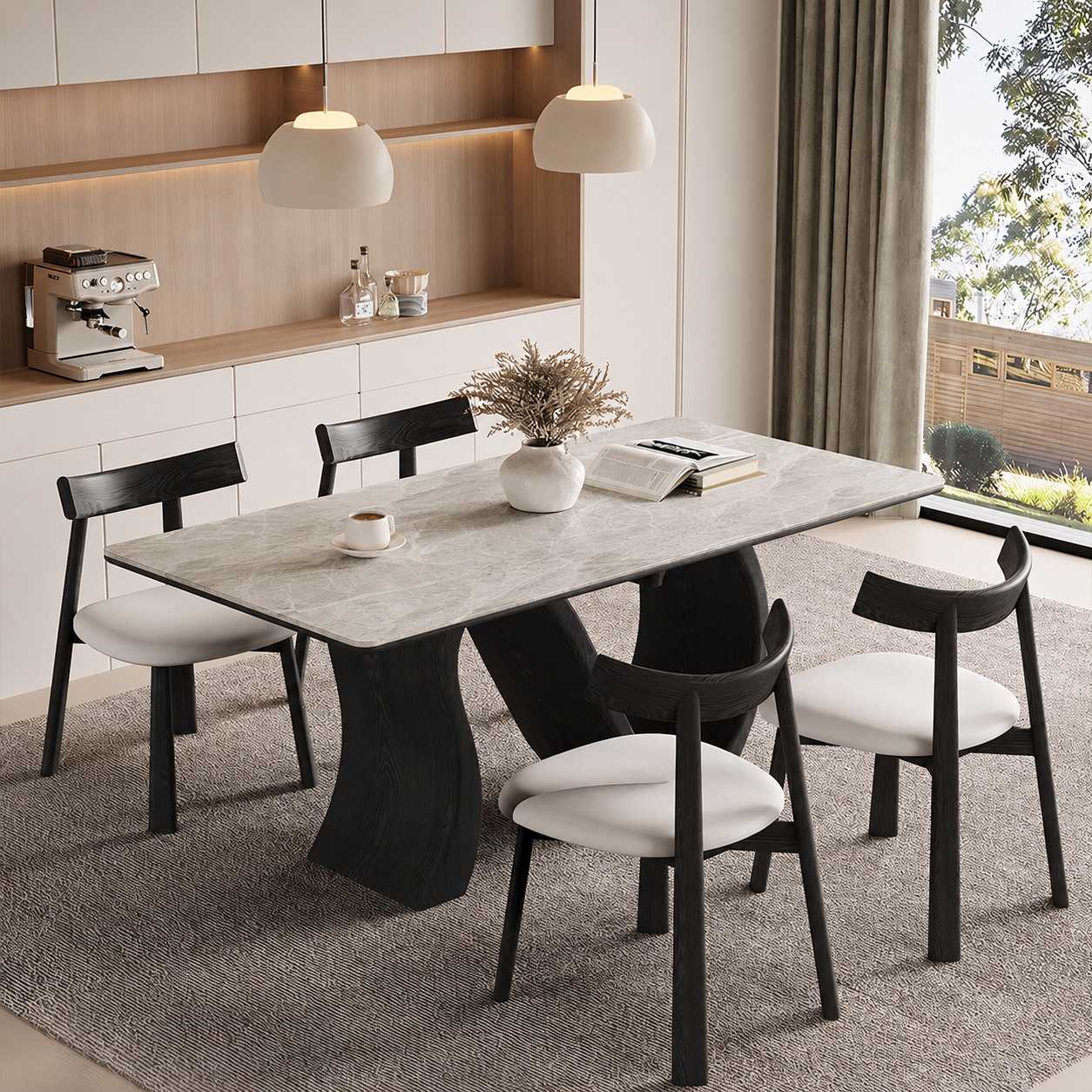 Creative S-shaped Walnut Base Round Dining Table with Marble Effect Surface