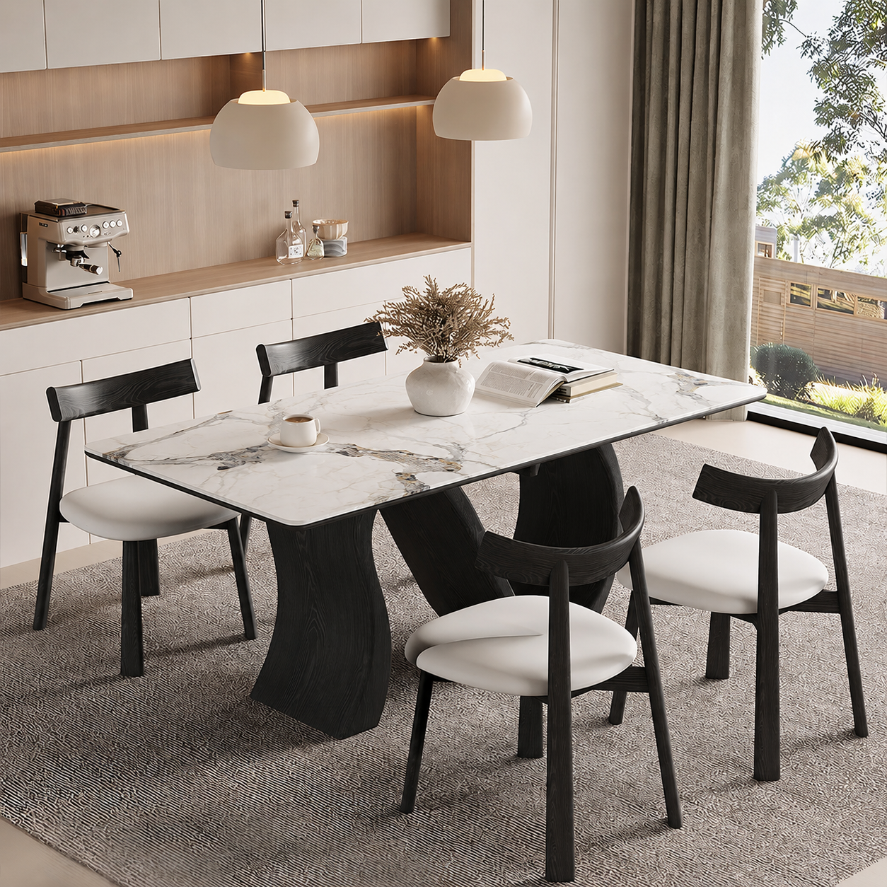 Creative S-shaped Walnut Base Round Dining Table with Marble Effect Surface