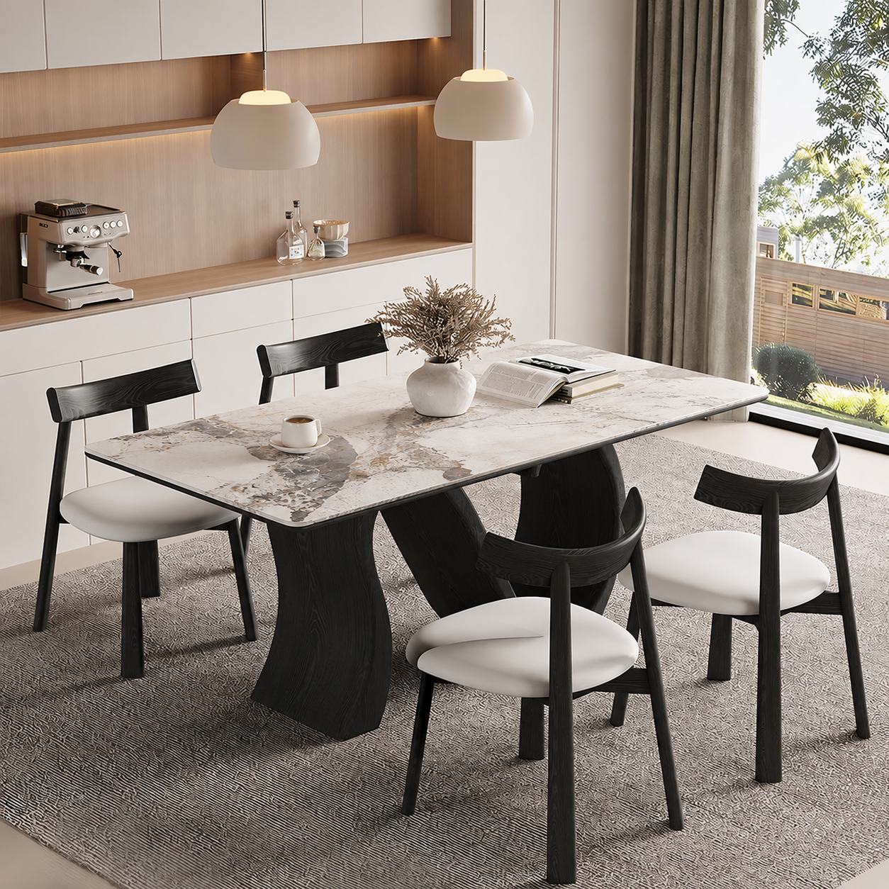 Creative S-shaped Walnut Base Round Dining Table with Marble Effect Surface