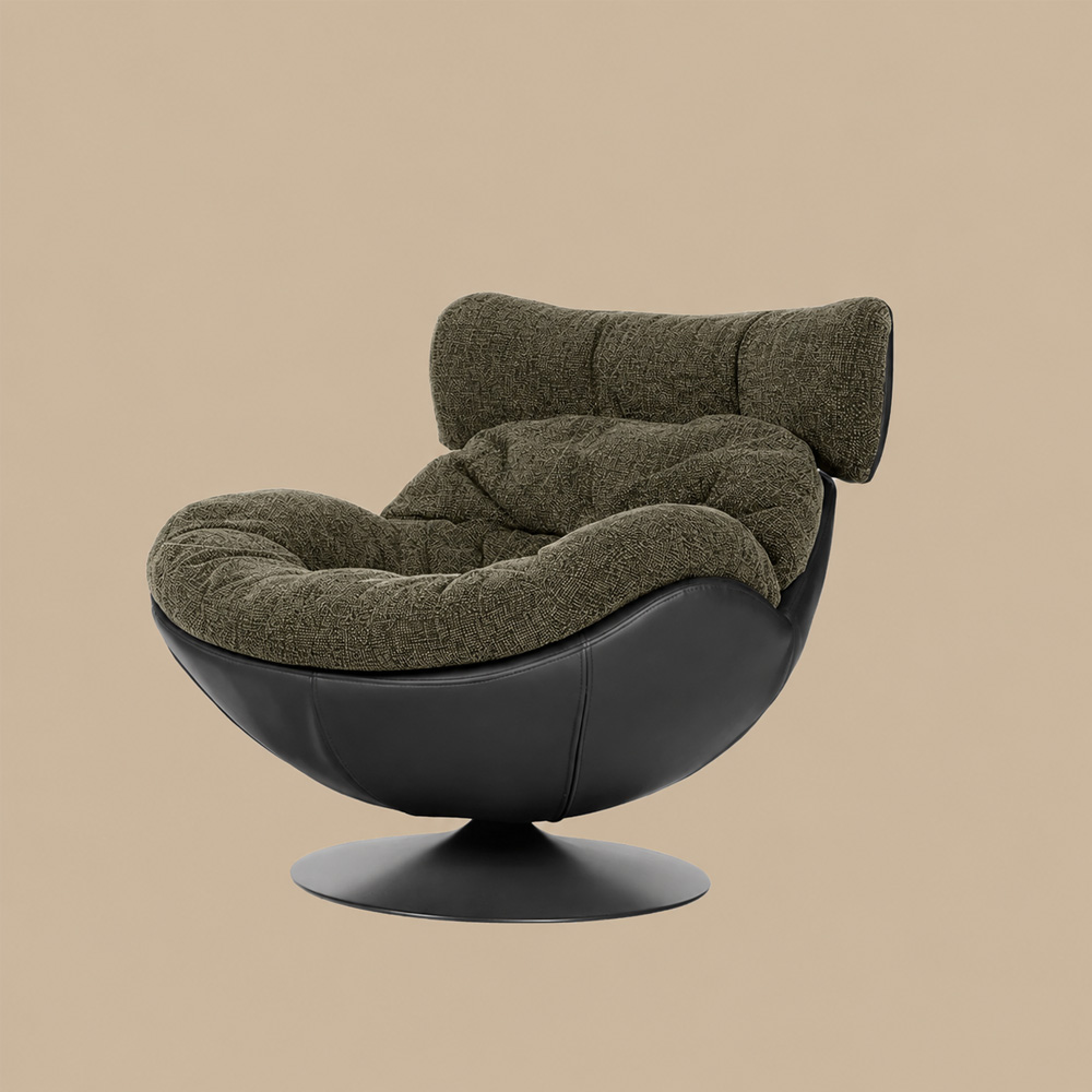 Modern Lounge Swivel Chair Linen Upholstered Fabric with Curved Design and Metal Base