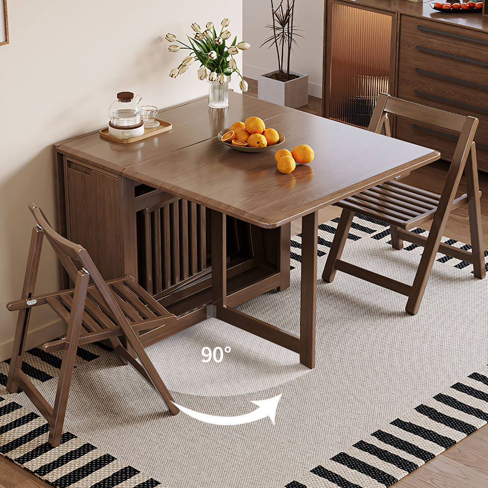 Space-Saving Folding Dining Table with Built-In Chair Storage and Wood Grain Finish