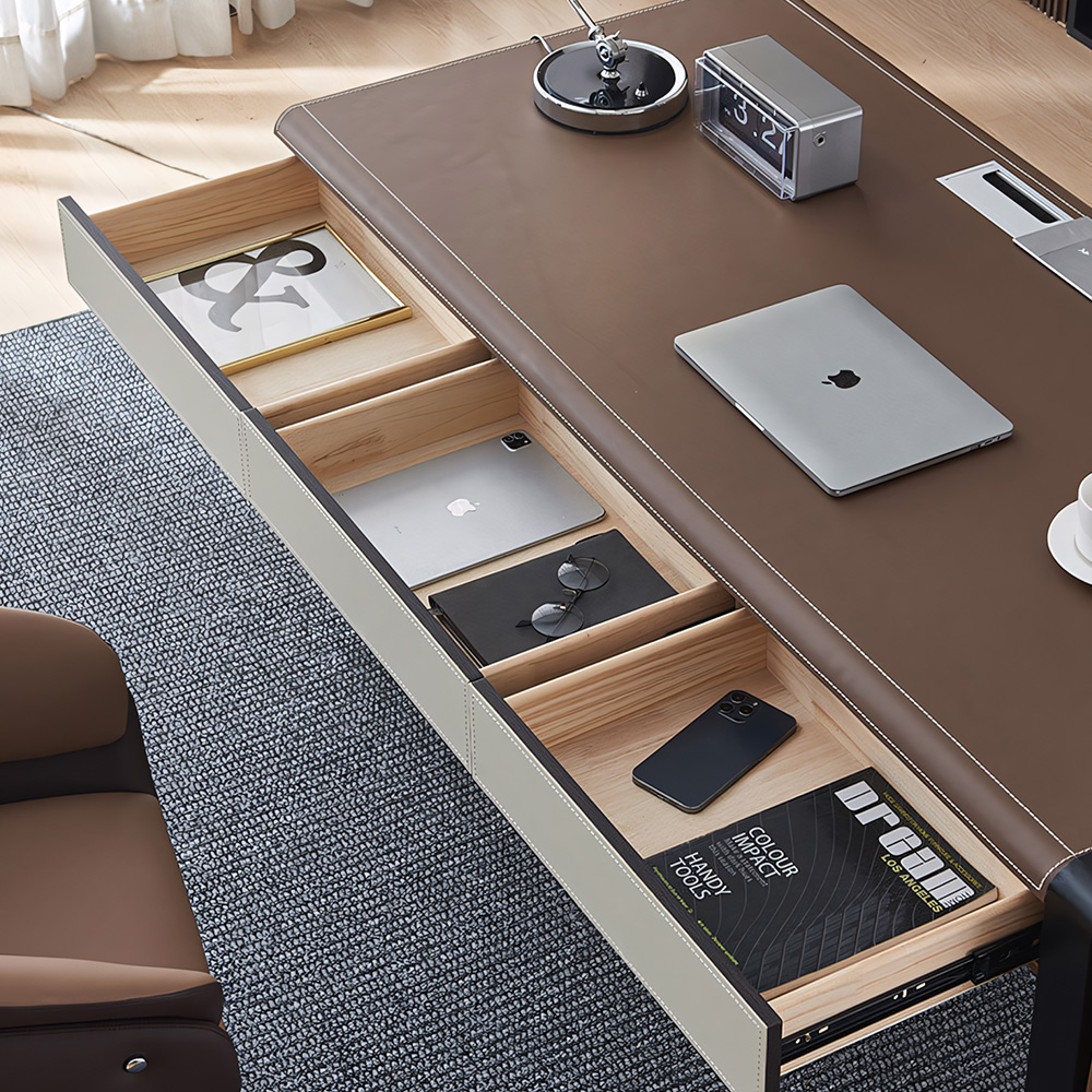 Full Grain Leather Top Solid Wood High Gloss Stainless Steel Writing Desk