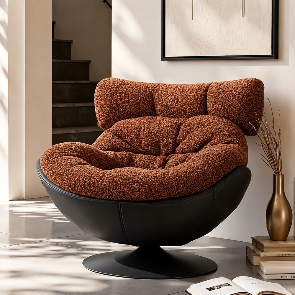 Modern Lounge Swivel Chair Linen Upholstered Fabric with Curved Design and Metal Base