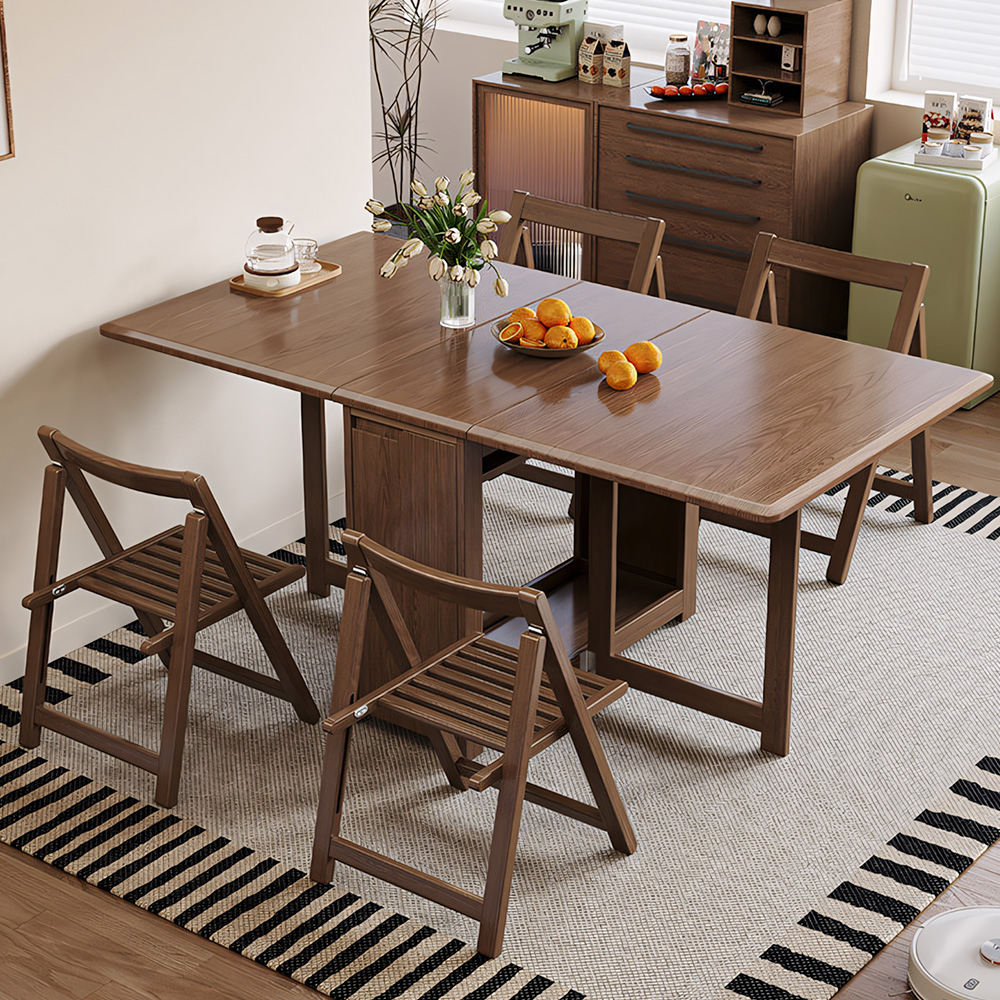 Space-Saving Folding Dining Table with Built-In Chair Storage and Wood Grain Finish