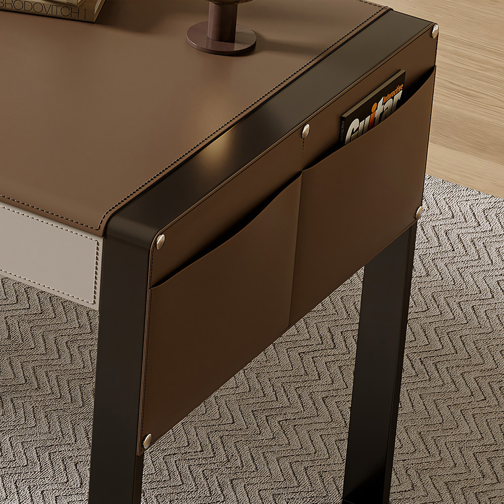 Full Grain Leather Top Solid Wood High Gloss Stainless Steel Writing Desk