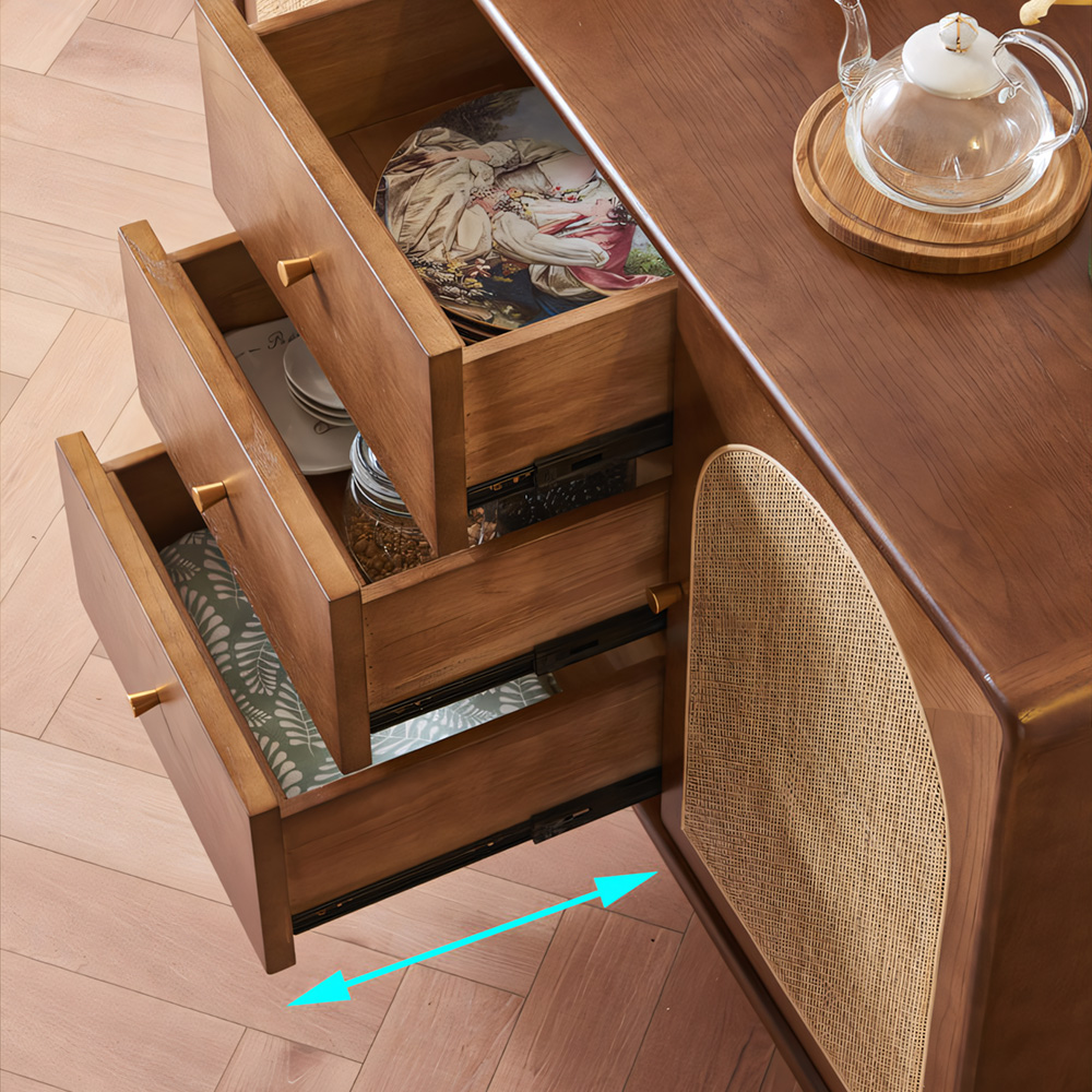 51.2" Multi Storage Solid Wood Sideboard With Woven Rattan Arched Doors Home Dining Furniture