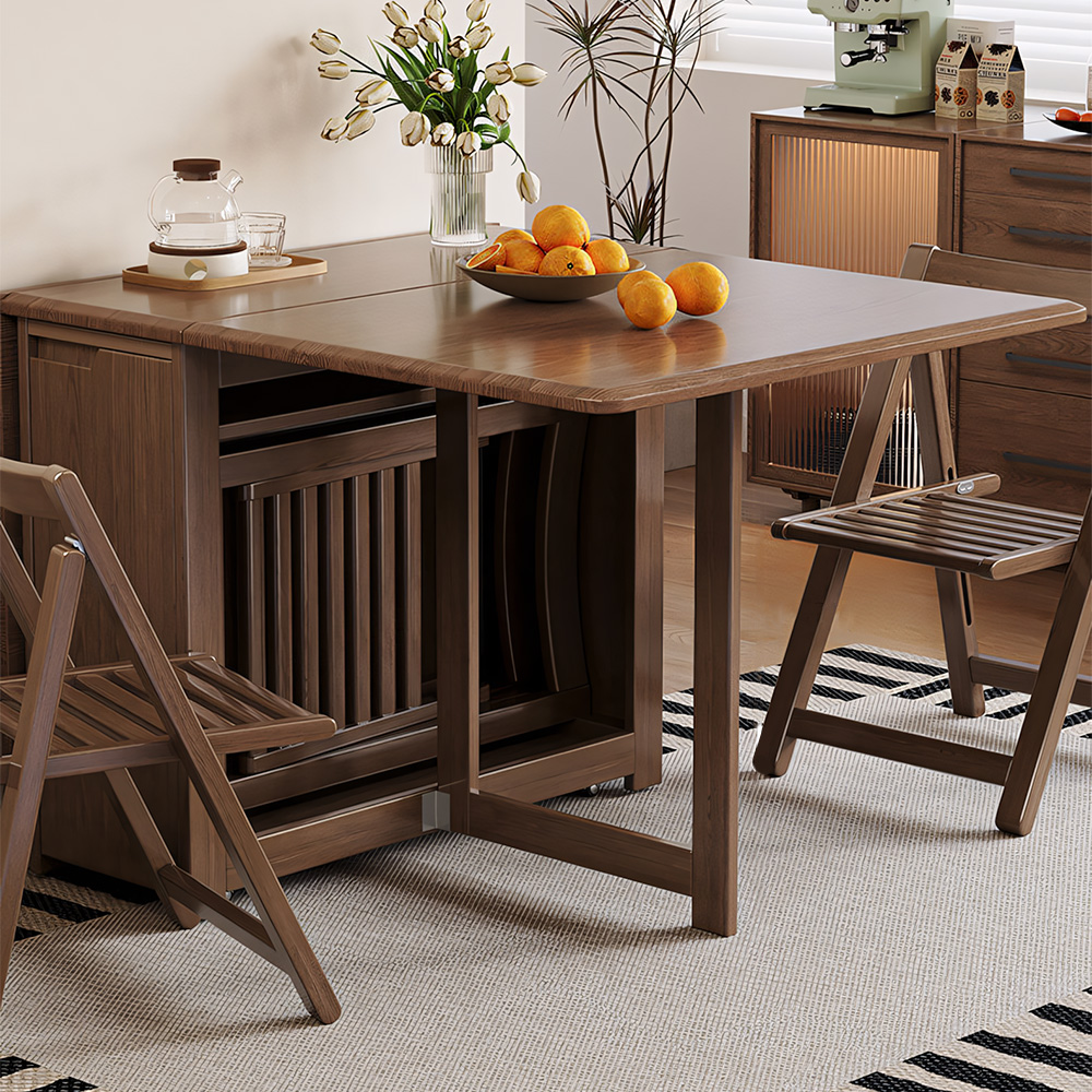 Space-Saving Folding Dining Table with Built-In Chair Storage and Wood Grain Finish