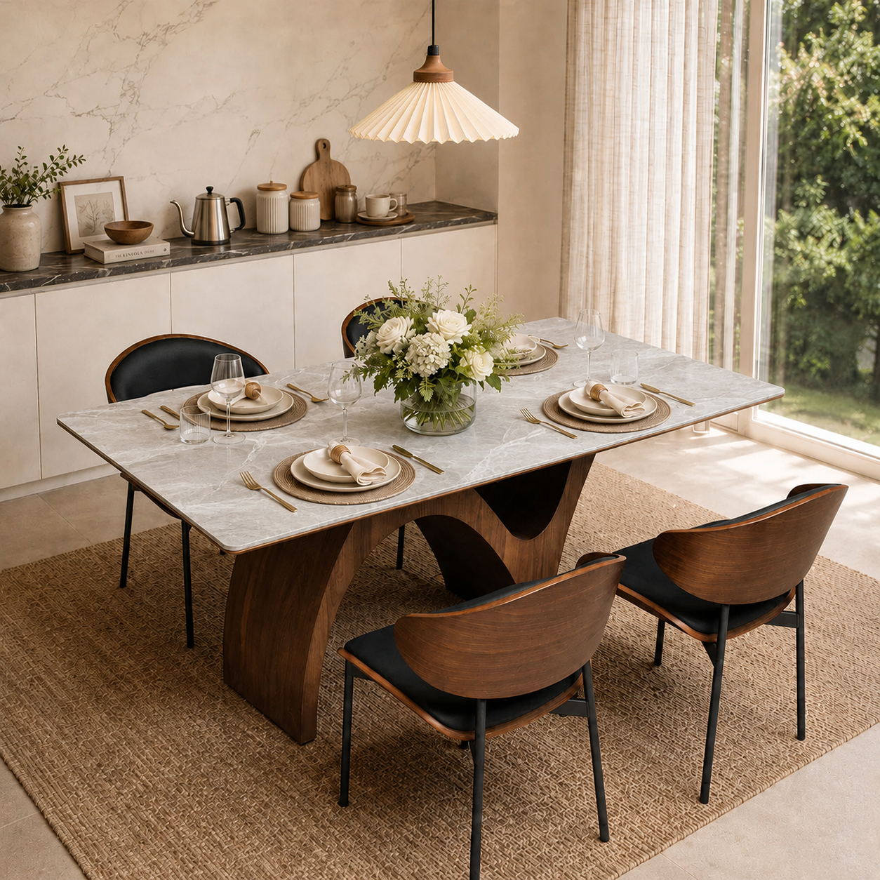 Modern Dining Table with Marble-Like Stone Top and Sculptural Wooden Base