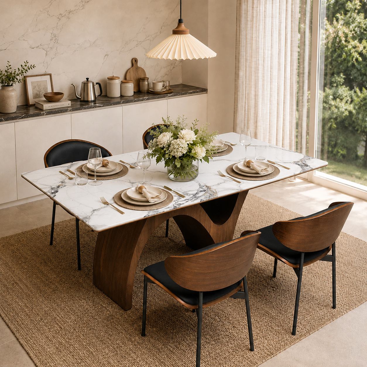 Modern Dining Table with Marble-Like Stone Top and Sculptural Wooden Base