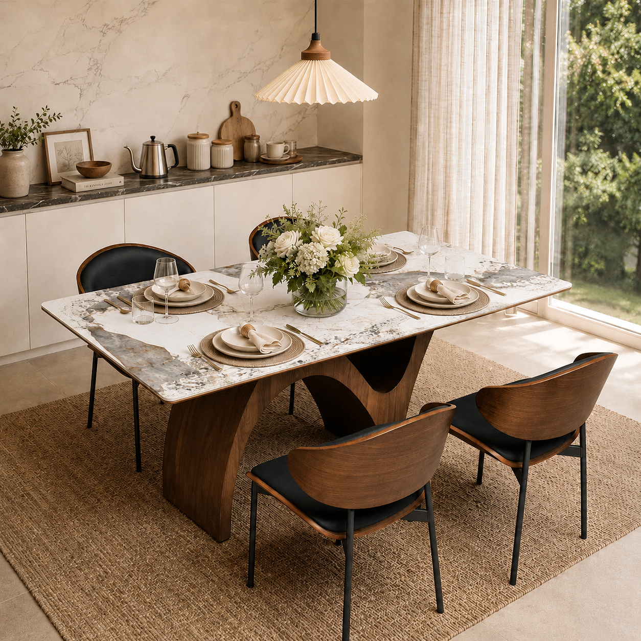 Modern Dining Table with Marble-Like Stone Top and Sculptural Wooden Base