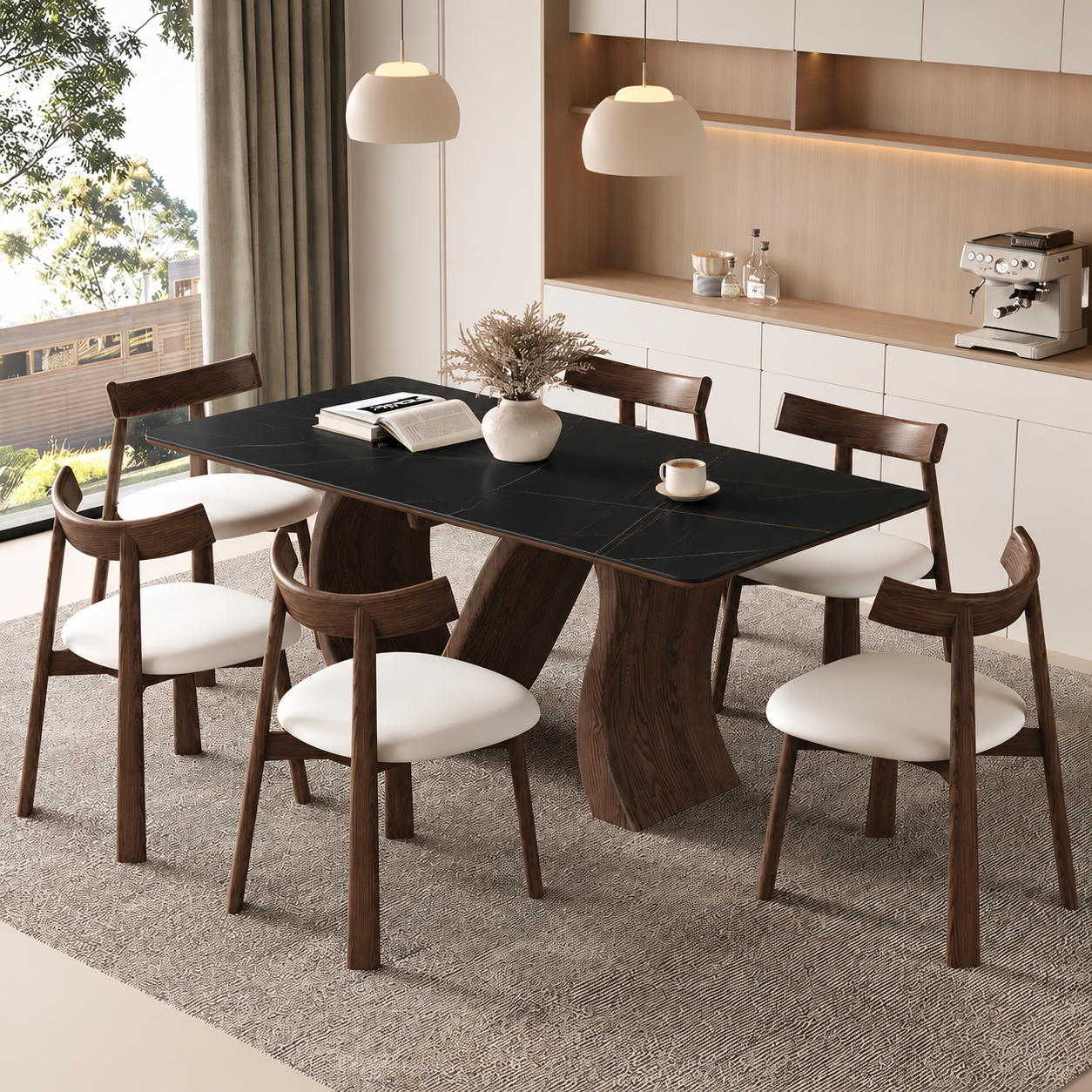 Creative S-shaped Walnut Base Round Dining Table with Marble Effect Surface