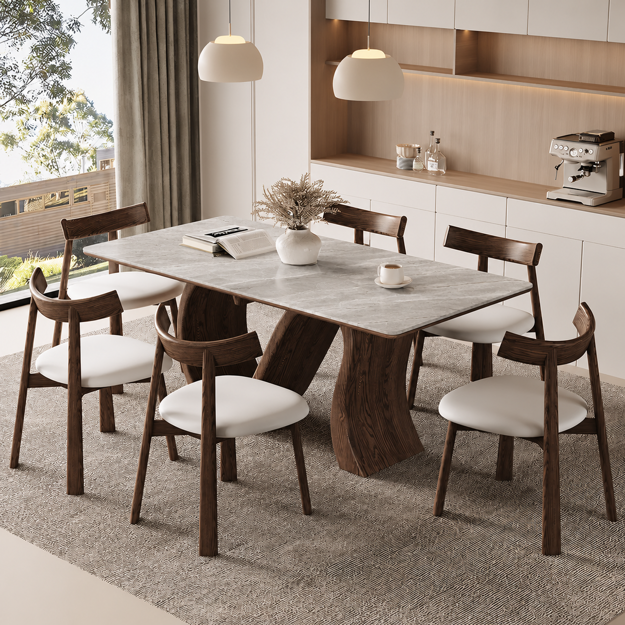 Creative S-shaped Walnut Base Round Dining Table with Marble Effect Surface