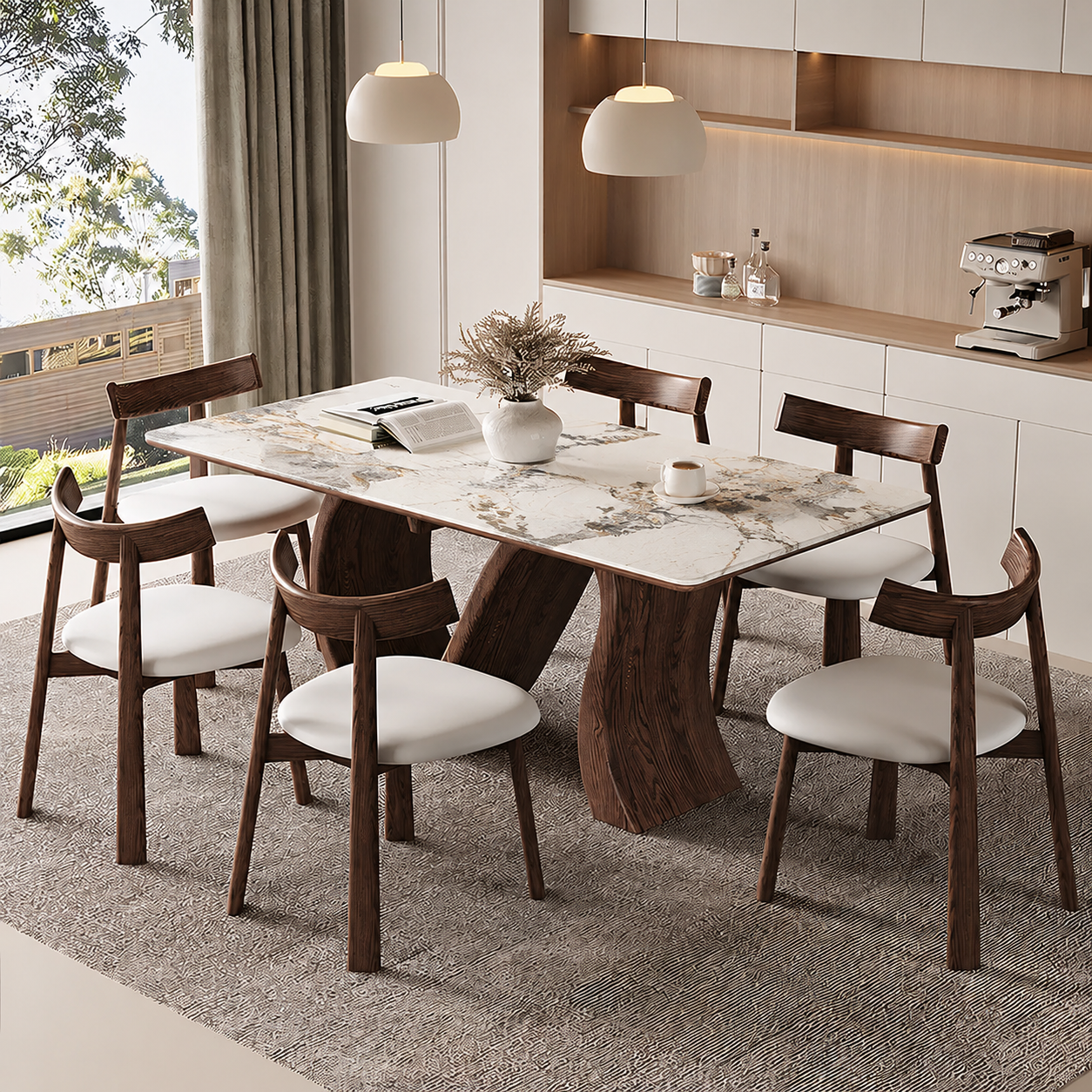 Creative S-shaped Walnut Base Round Dining Table with Marble Effect Surface