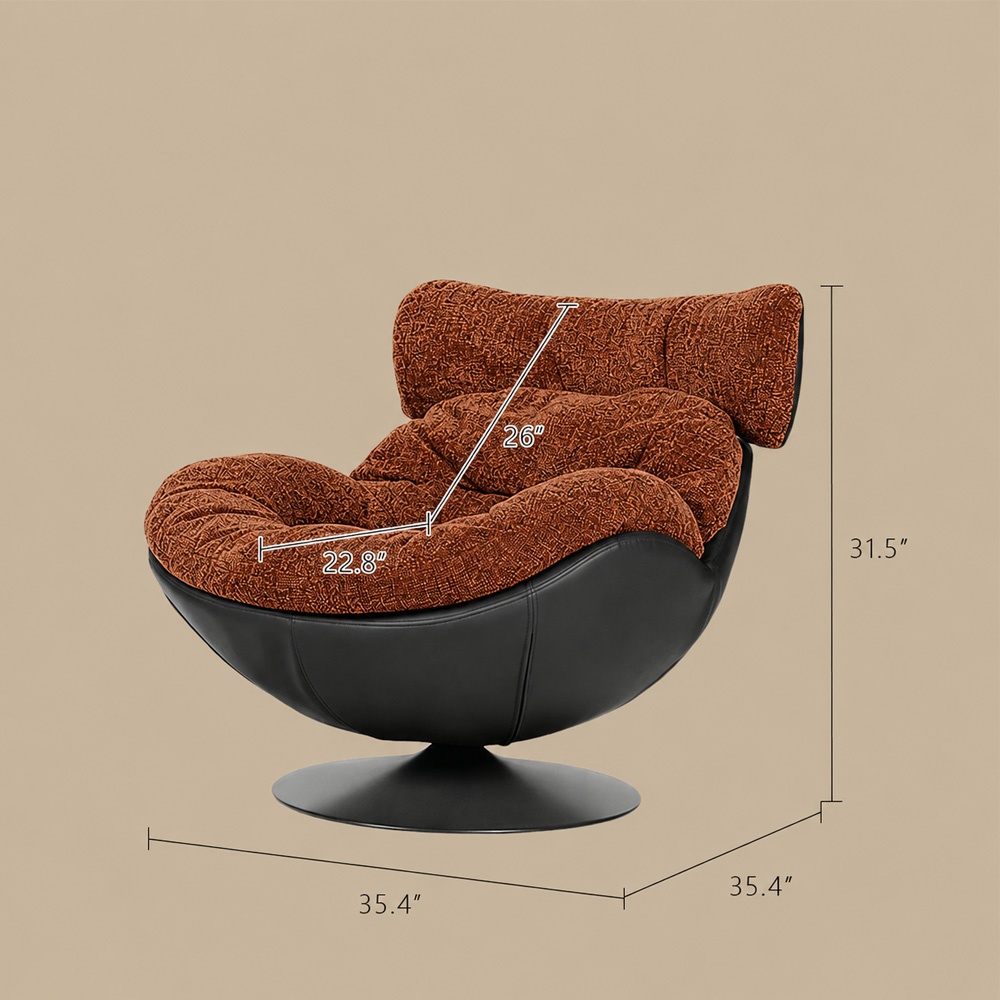 Modern Lounge Swivel Chair Linen Upholstered Fabric with Curved Design and Metal Base