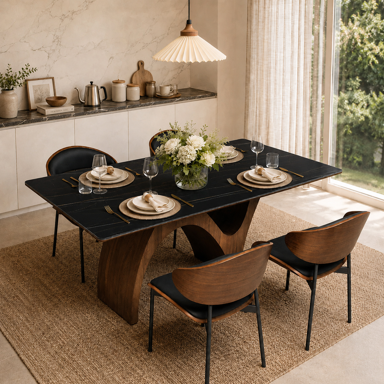 Modern Dining Table with Marble-Like Stone Top and Sculptural Wooden Base
