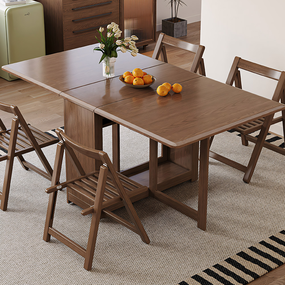Space-Saving Folding Dining Table with Built-In Chair Storage and Wood Grain Finish