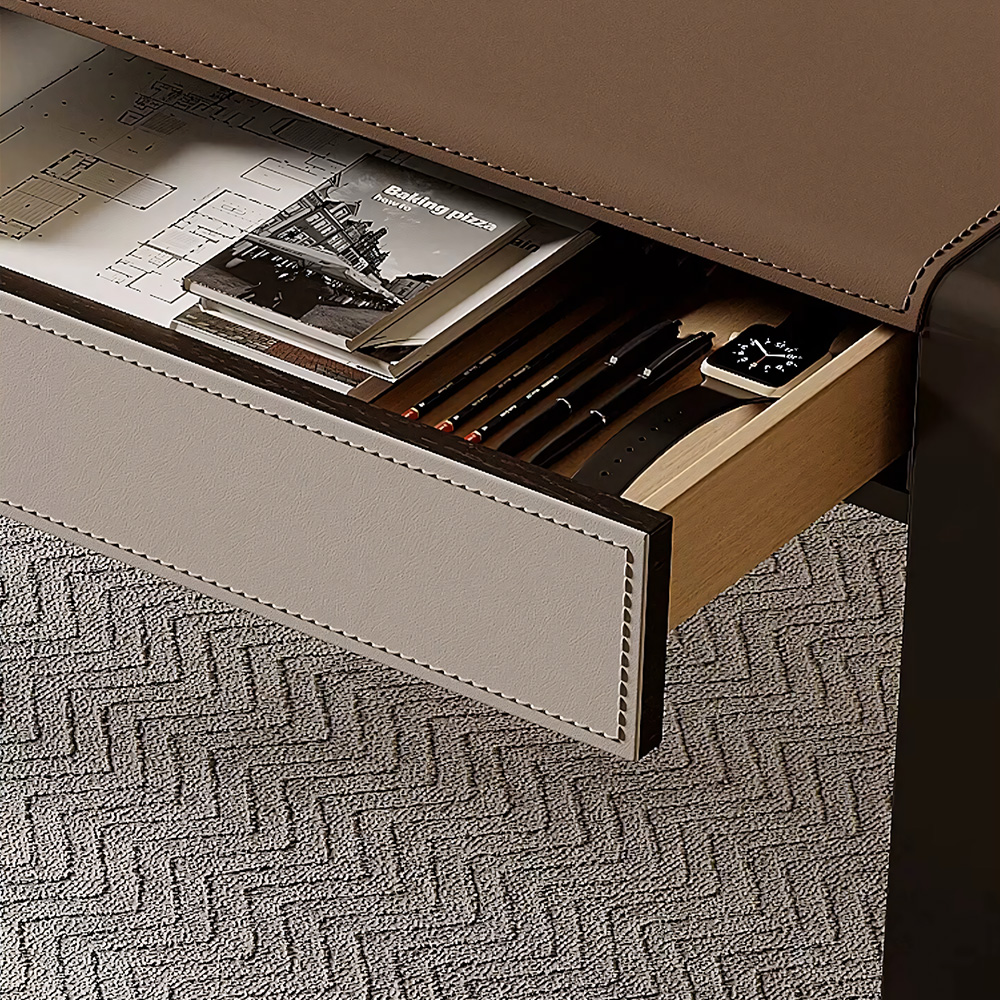 Full Grain Leather Top Solid Wood High Gloss Stainless Steel Writing Desk