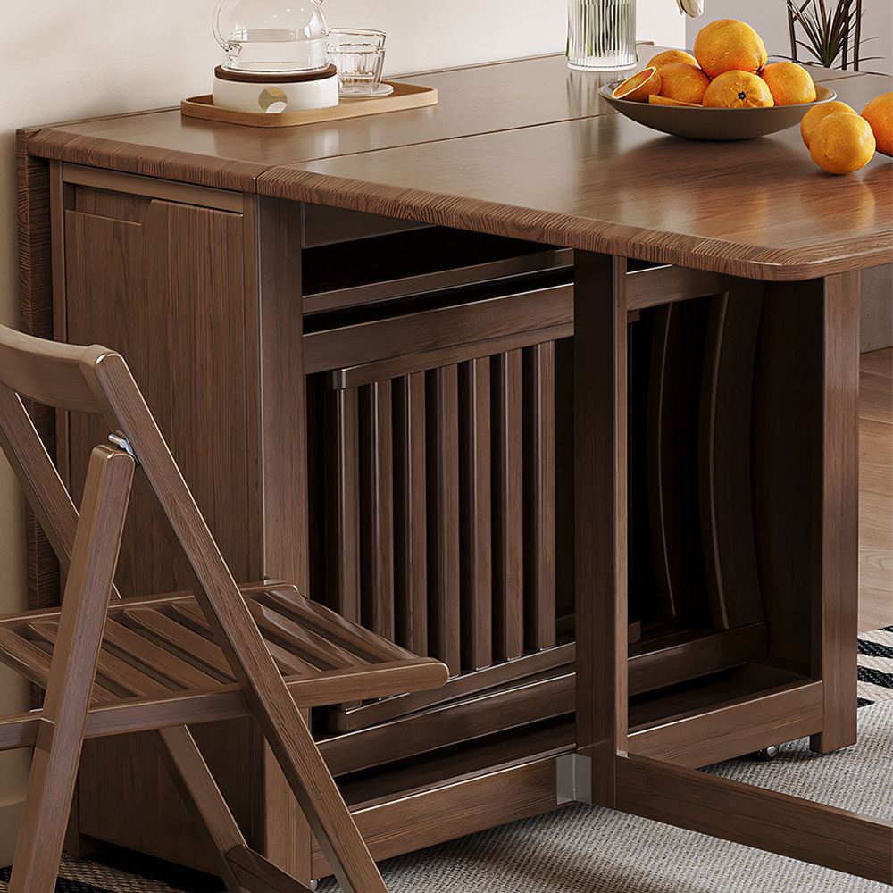 Space-Saving Folding Dining Table with Built-In Chair Storage and Wood Grain Finish
