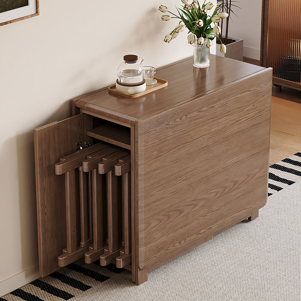 Space-Saving Folding Dining Table with Built-In Chair Storage and Wood Grain Finish
