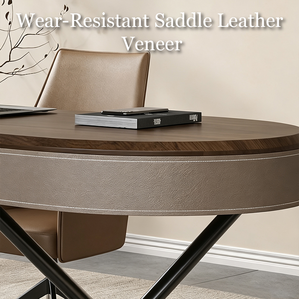 Curved Leather Trim Edge Solid Wood Stainless Steel Office Desk