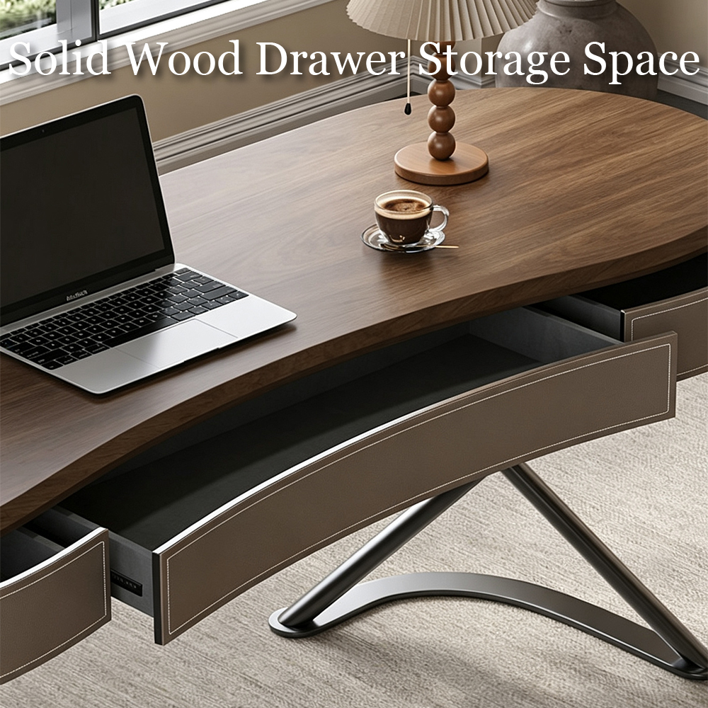 Curved Leather Trim Edge Solid Wood Stainless Steel Office Desk