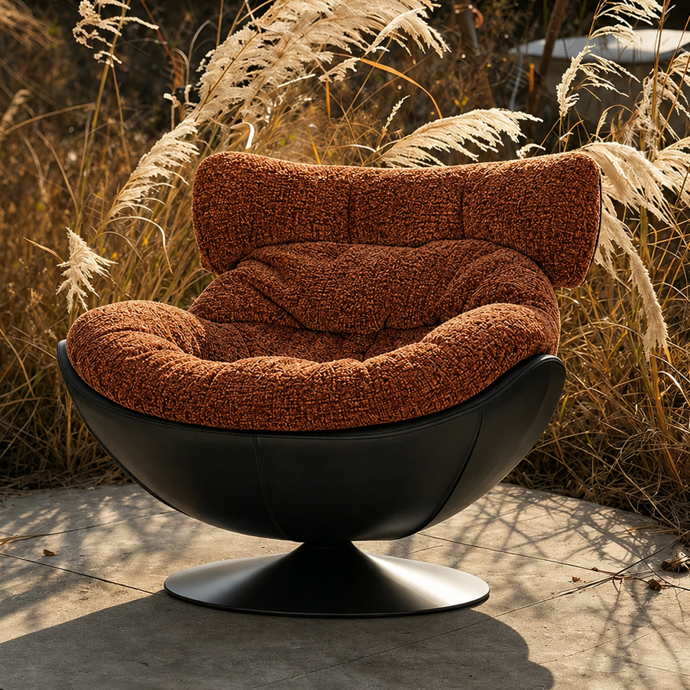 Modern Lounge Swivel Chair Linen Upholstered Fabric with Curved Design and Metal Base