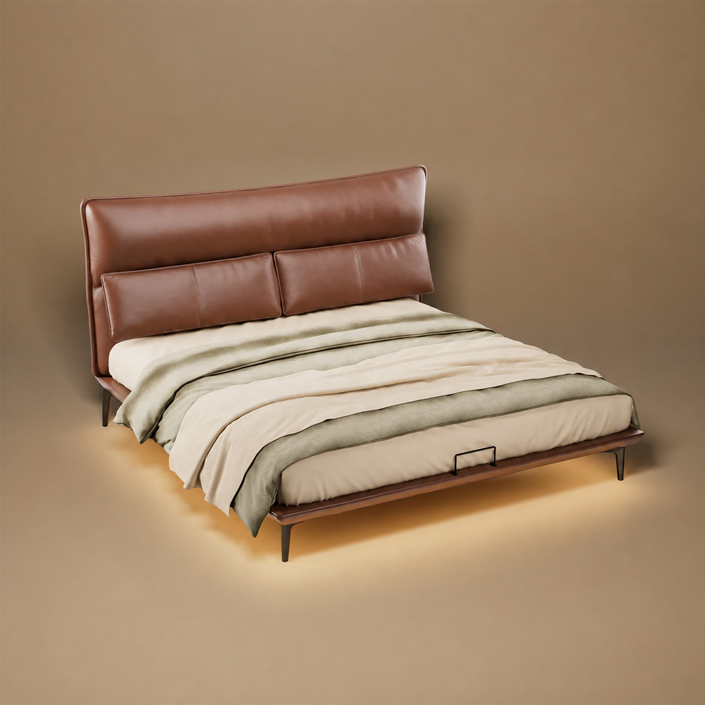 Luxury Floating Upholstered Platform Bed with LED Ambient Lighting & Cushioned Headboard