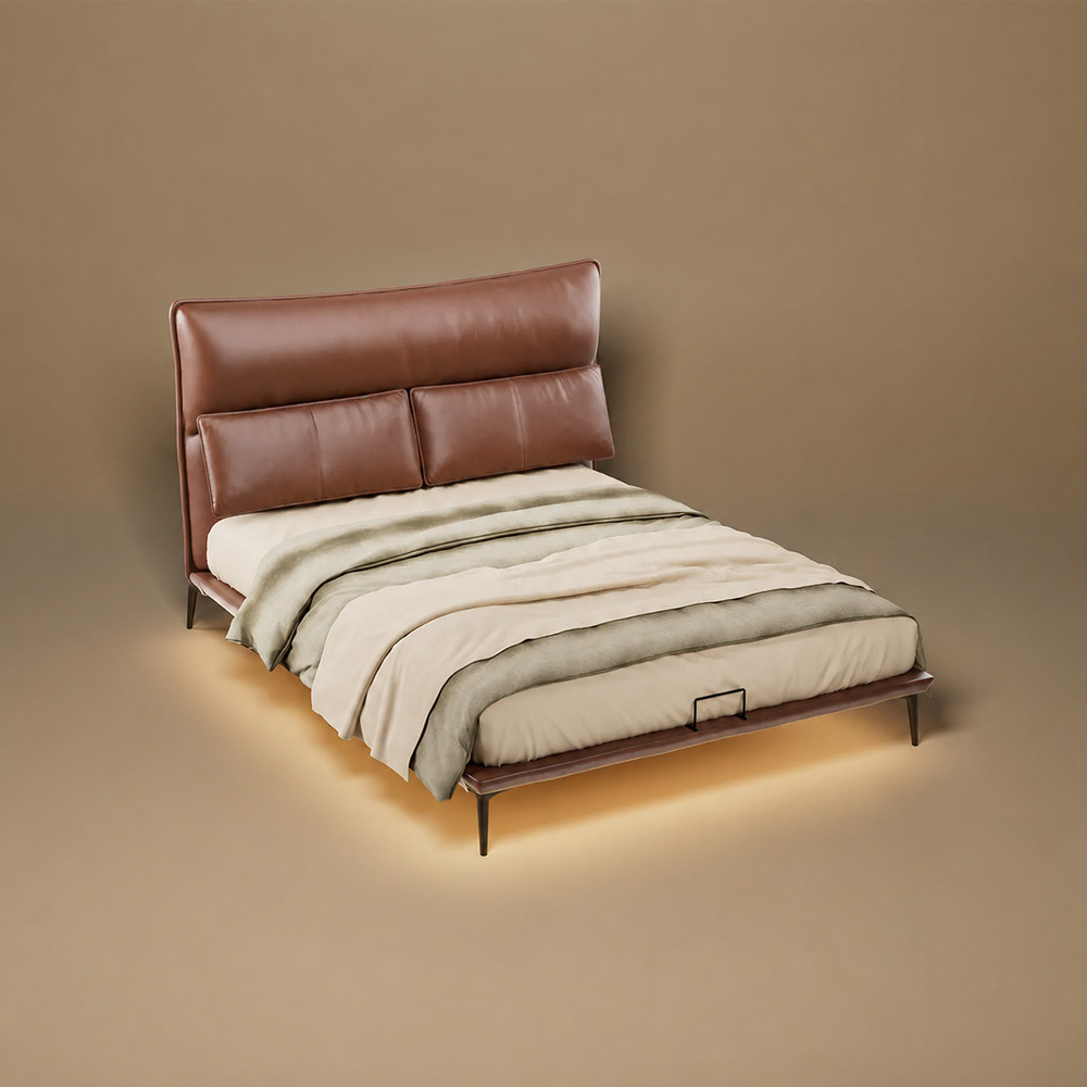 Luxury Floating Upholstered Platform Bed with LED Ambient Lighting & Cushioned Headboard
