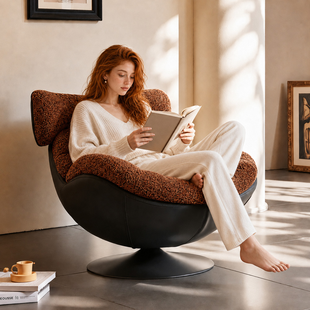 Modern Lounge Swivel Chair Linen Upholstered Fabric with Curved Design and Metal Base