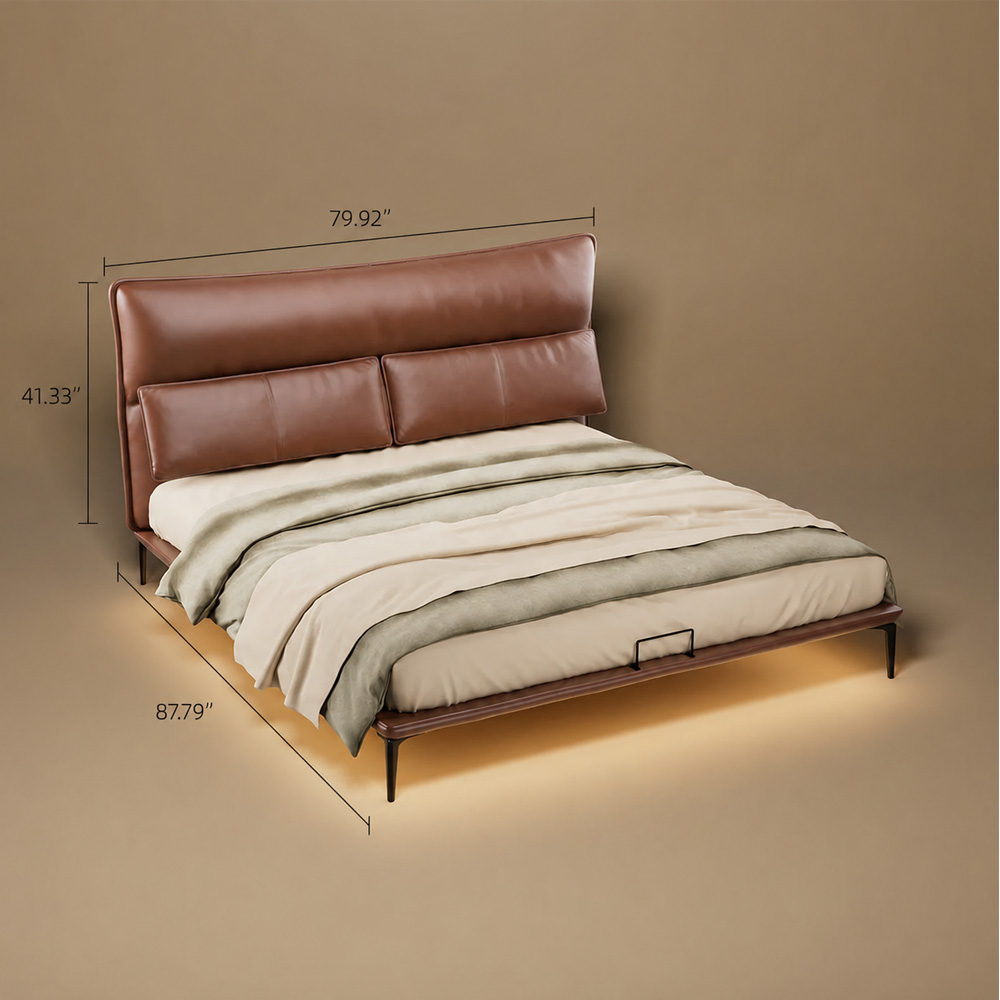 Luxury Floating Upholstered Platform Bed with LED Ambient Lighting & Cushioned Headboard
