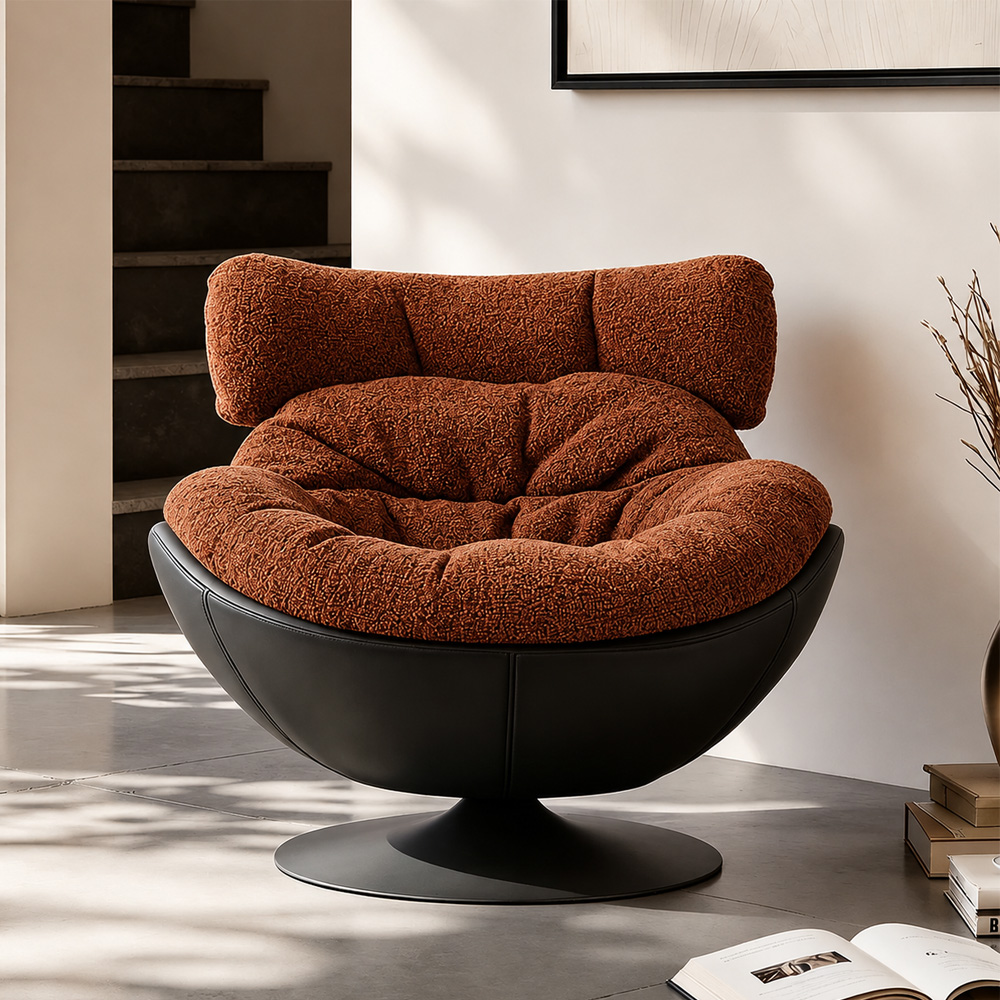 Modern Lounge Swivel Chair Linen Upholstered Fabric with Curved Design and Metal Base