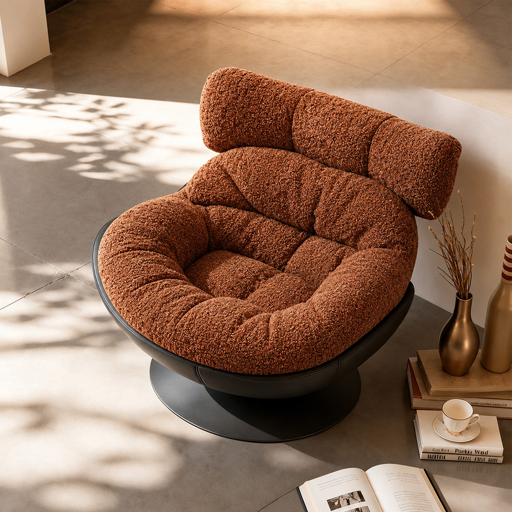 Modern Lounge Swivel Chair Linen Upholstered Fabric with Curved Design and Metal Base