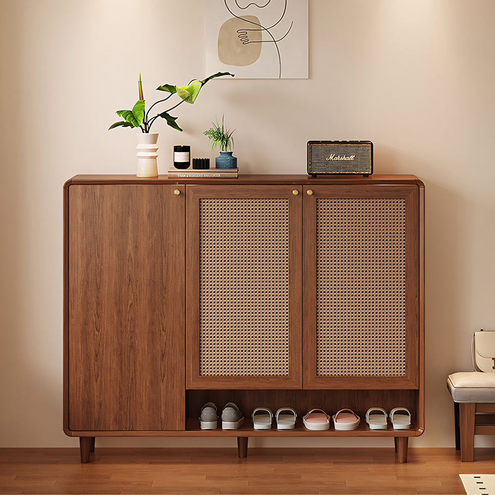 Mid-Century Rattan Shoe Cabinet with 2 Doors Walnut Wood Entryway Storage Organizer with Open Shelf