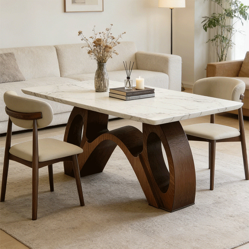 Modern Sintered Stone Dining Table Luxury Kitchen Table with Sculptural Walnut Wood Base for 4-6