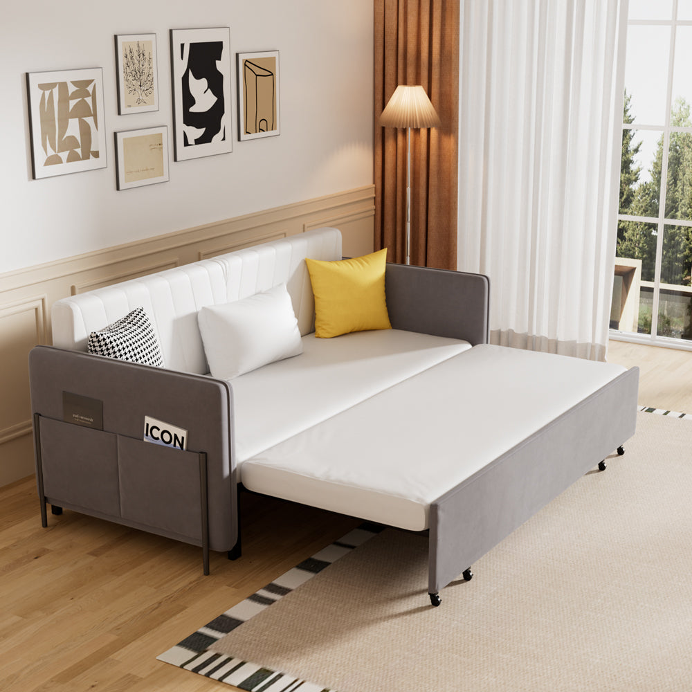 Illustration showing versatile use of sleeper sofa from seating to sleeping mode