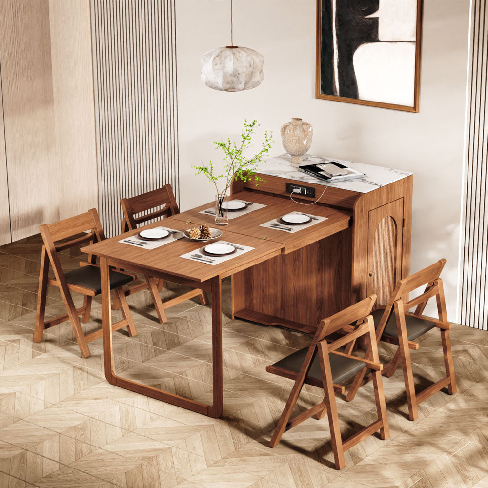 Arrtle freestanding cabinet Murphy dining table and chairs on a herringbone floor.