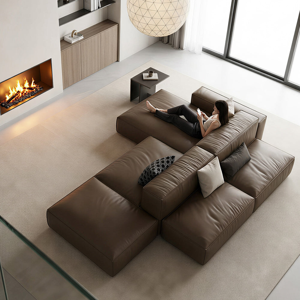 Modern Modular Top-Grain Leather Sectional Sofa