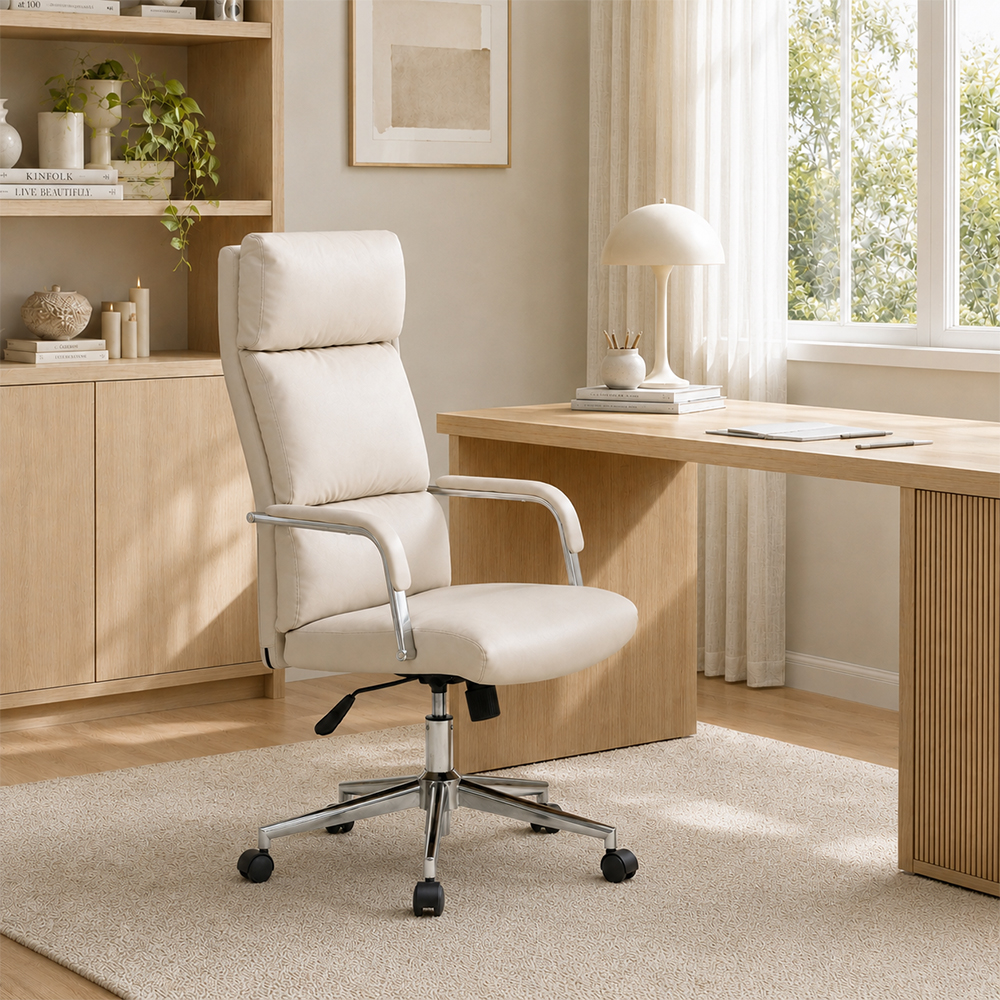 Modern Cream PU Leather Swivel Office Chair with Chrome Base