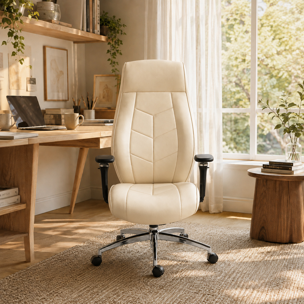 Cream PU Leather Executive Office Chair With 6D Armrests
